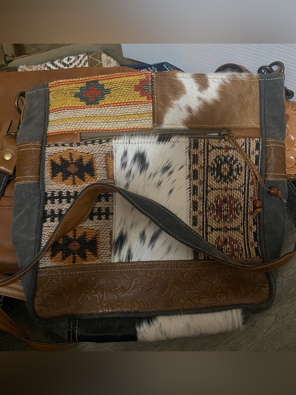 Myra Bag Brown Leather Crossbody with Cream Printed Lining - Picture 2 of 4
